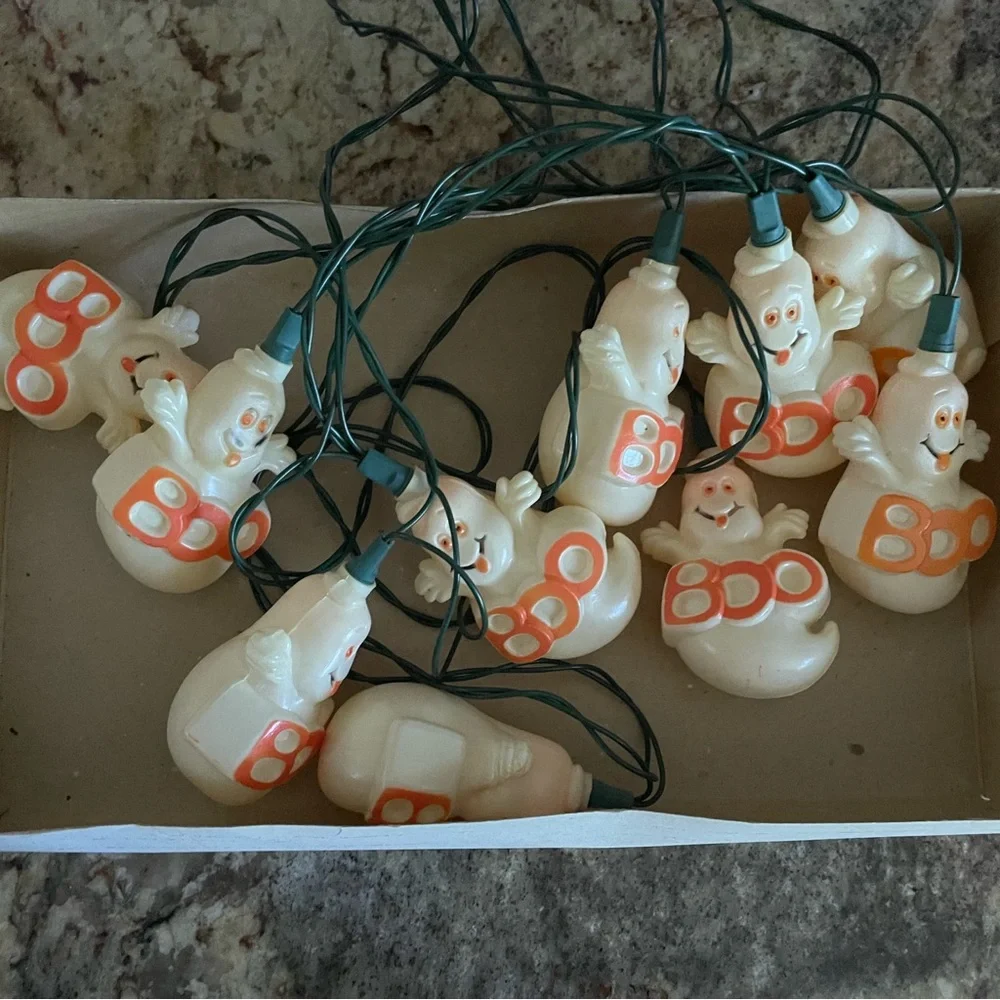 Vintage Blow Mold Boo Ghosts Halloween String Lights Set Of 10 Indoor Outdoor